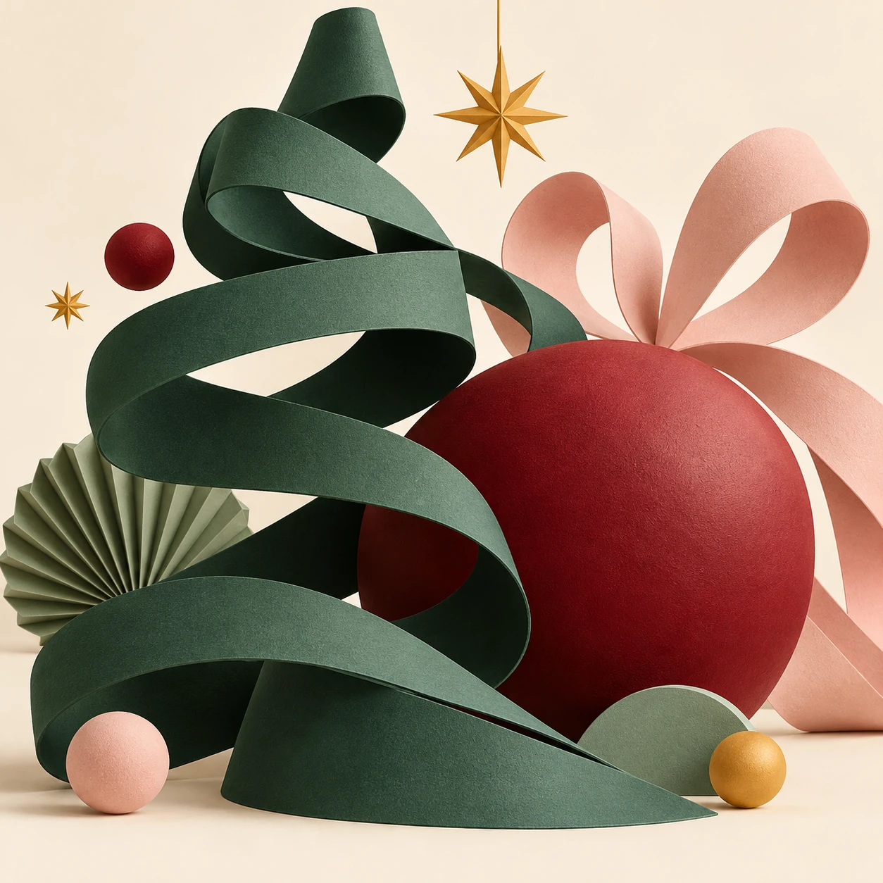 Sculptural green ribbons, a cherry-red sphere and blush paper loops form an abstract Christmas composition